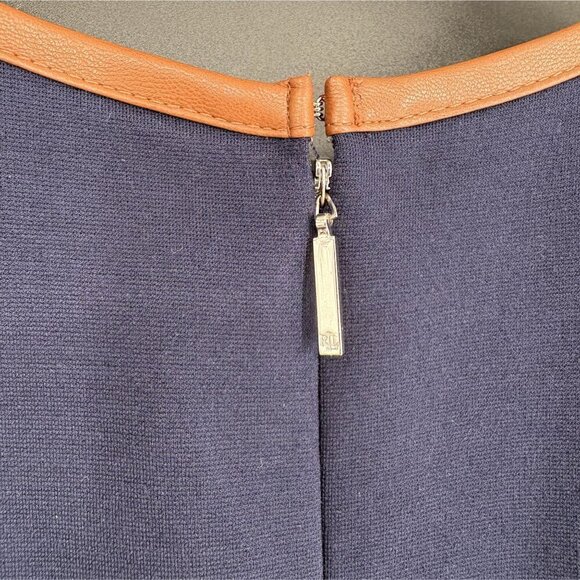 Lauren Ralph Lauren Sleeveless Midi Dress Size S/M Navy Faux Leather Trim Preppy - Picture 4 of 7